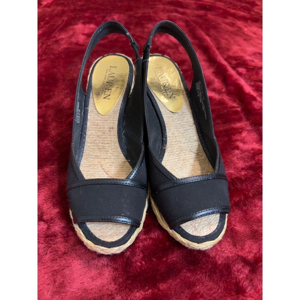 Lauren Ralph Lauren Catrin Black Espadrille Wedge Slingback Sandals Peep Toe 5B - Picture 2 of 9